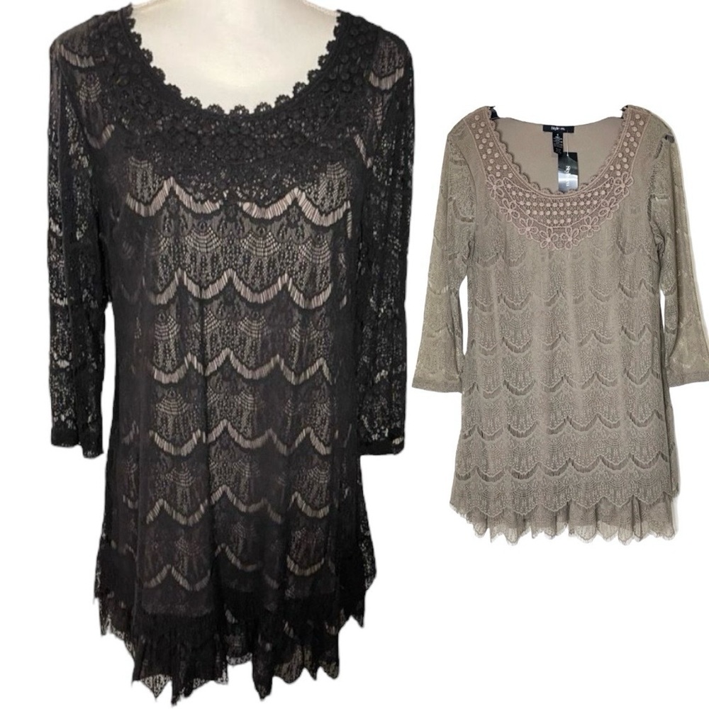 Style & Co Lace Overlay Ruffle Hem Long Sleeve Mini Dress Tan S Cocktail Party - Picture 4 of 15